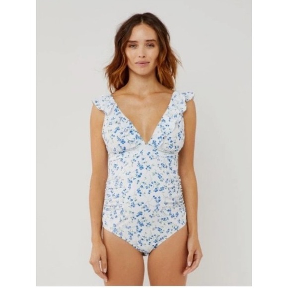 A Pea in the Pod Ruffle Maternity One Piece Blue‎ Floral Swim 50+ NEW Size Med - Picture 1 of 13